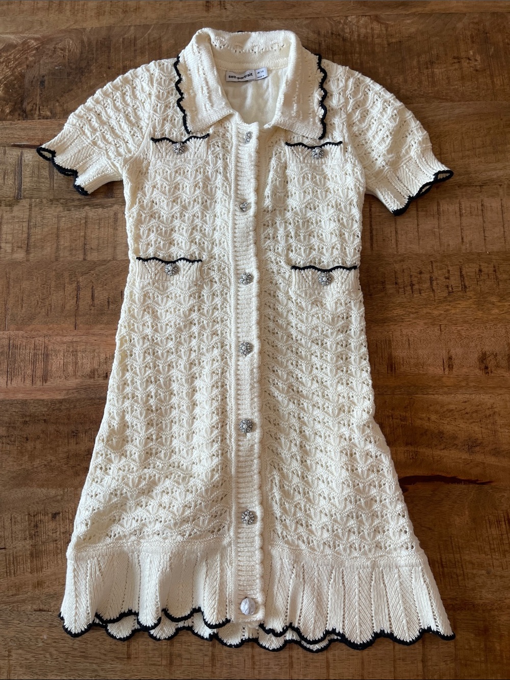 Self Portrait Girls Cream Knit Lady Dress Scalloped Edges Rhinestone Buttons 7-8